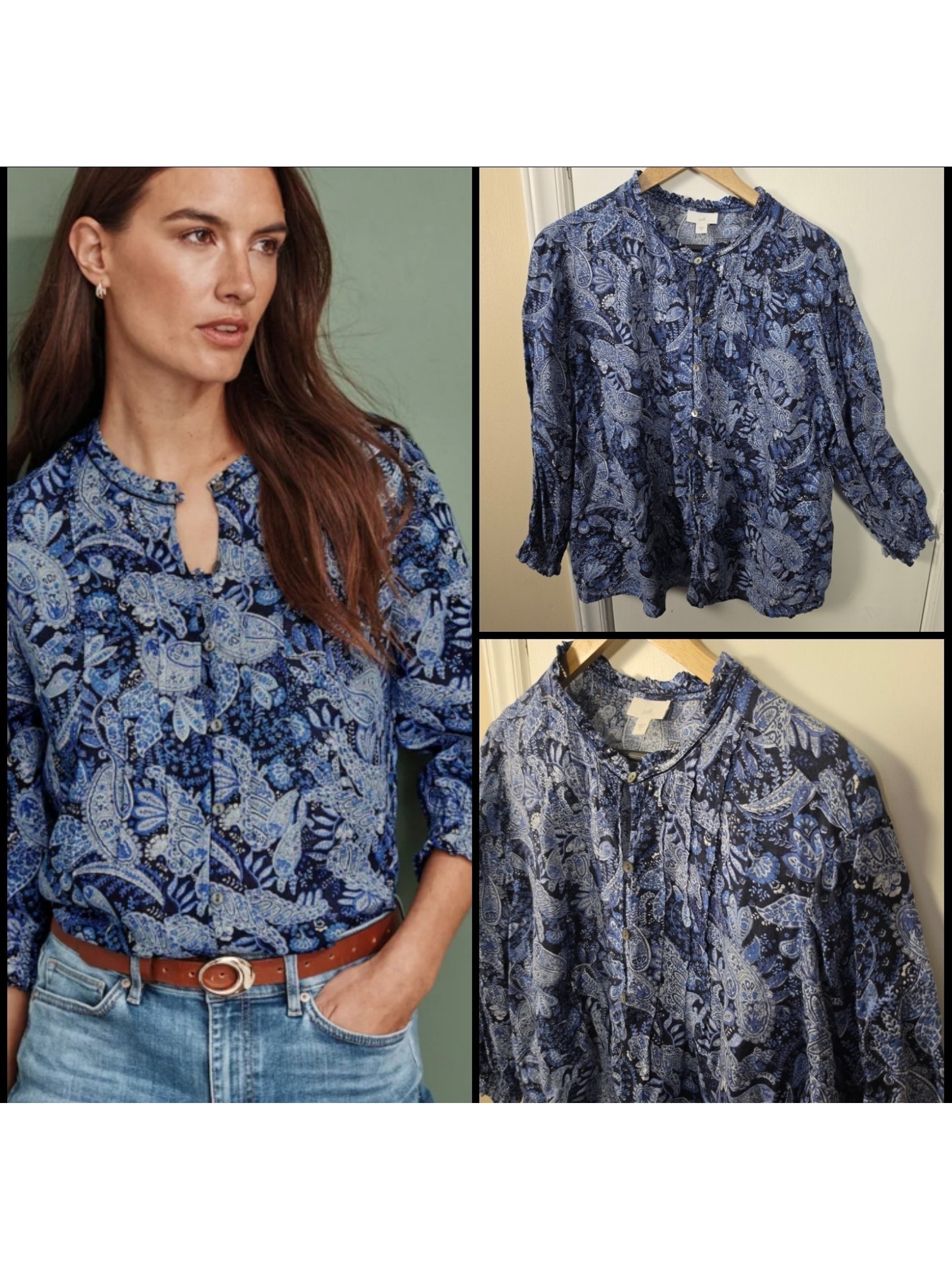 J. Jill Linen Blue Paisley Pintuck Button Front Blouse Xl Boho Western Country